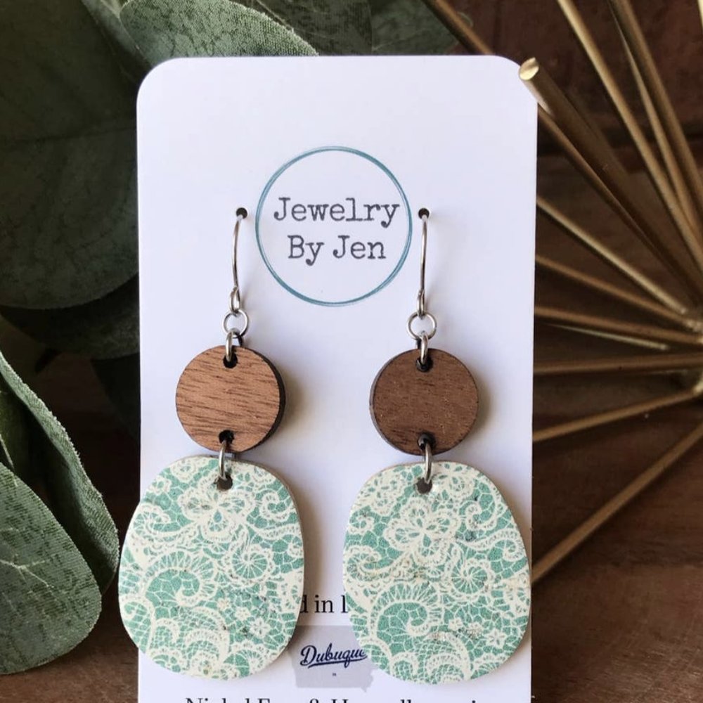 Wood & Aqua Lace Earrings